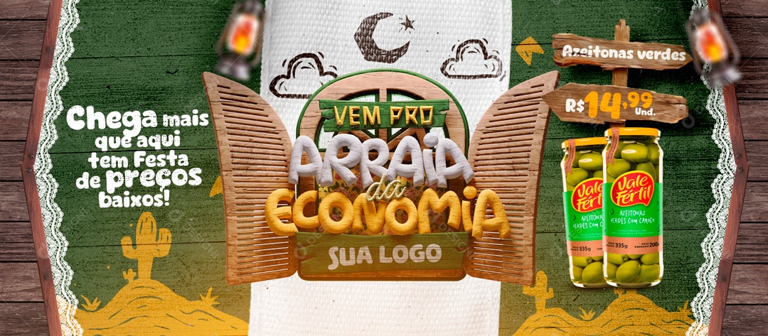 Banner Vem pro Arraia da Economia Azeitonas Verdes 14,99 Social Media PSD Editável