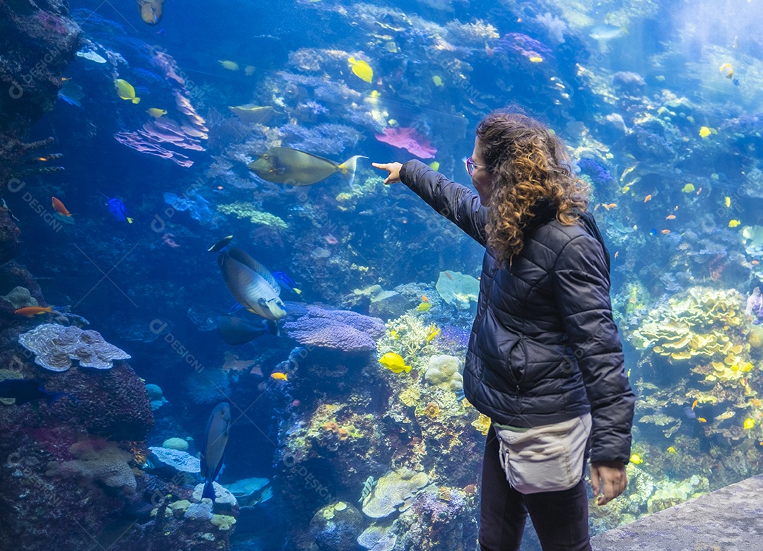 Jovem olhando e desfrutando de um grande aquário de água salgada