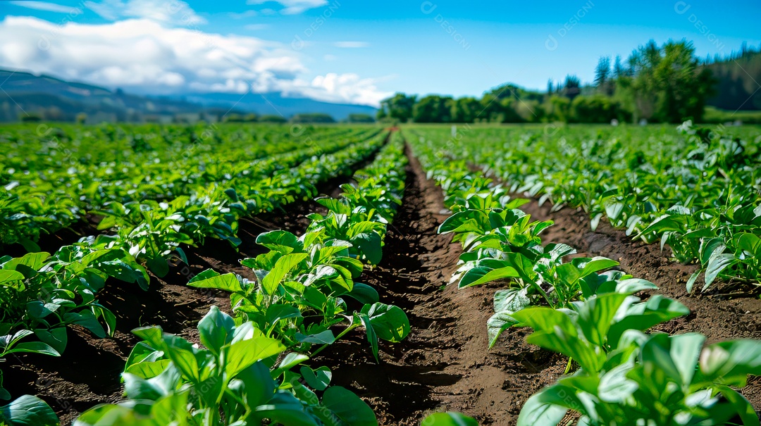 Plantação sobre céu azul e dia ensolarado.