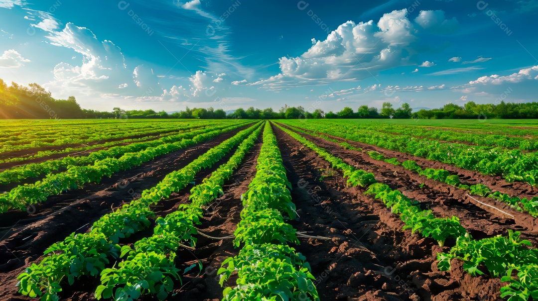 Plantação sobre céu azul e dia ensolarado.