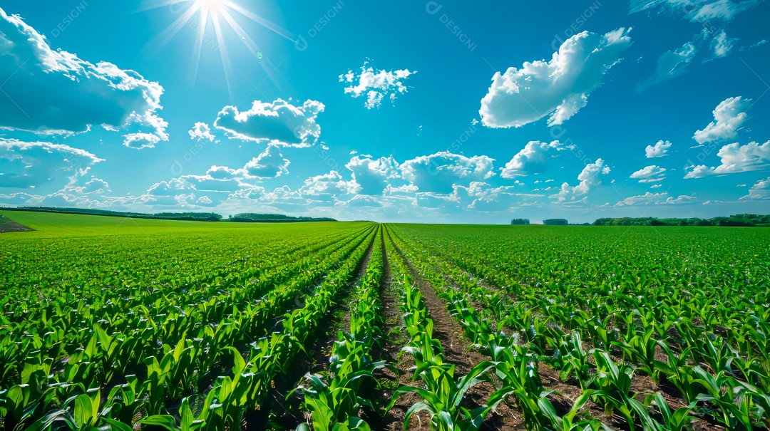 Plantação sobre céu azul e dia ensolarado..