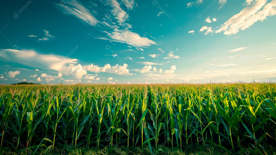 Plantação sobre céu azul e dia ensolarado..
