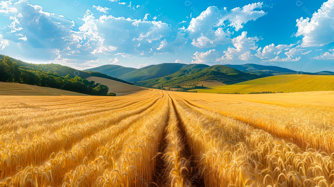 Plantação sobre céu azul e dia ensolarado..