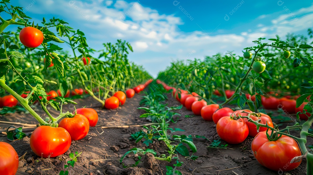 Plantação sobre céu azul e dia ensolarado..