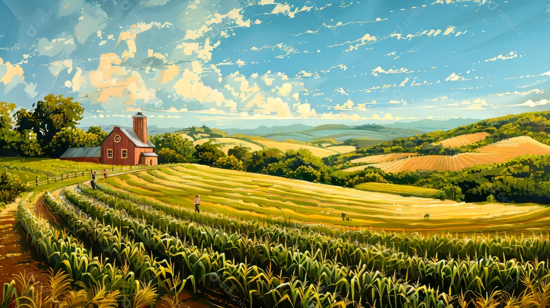 Plantação sobre céu azul e dia ensolarado..