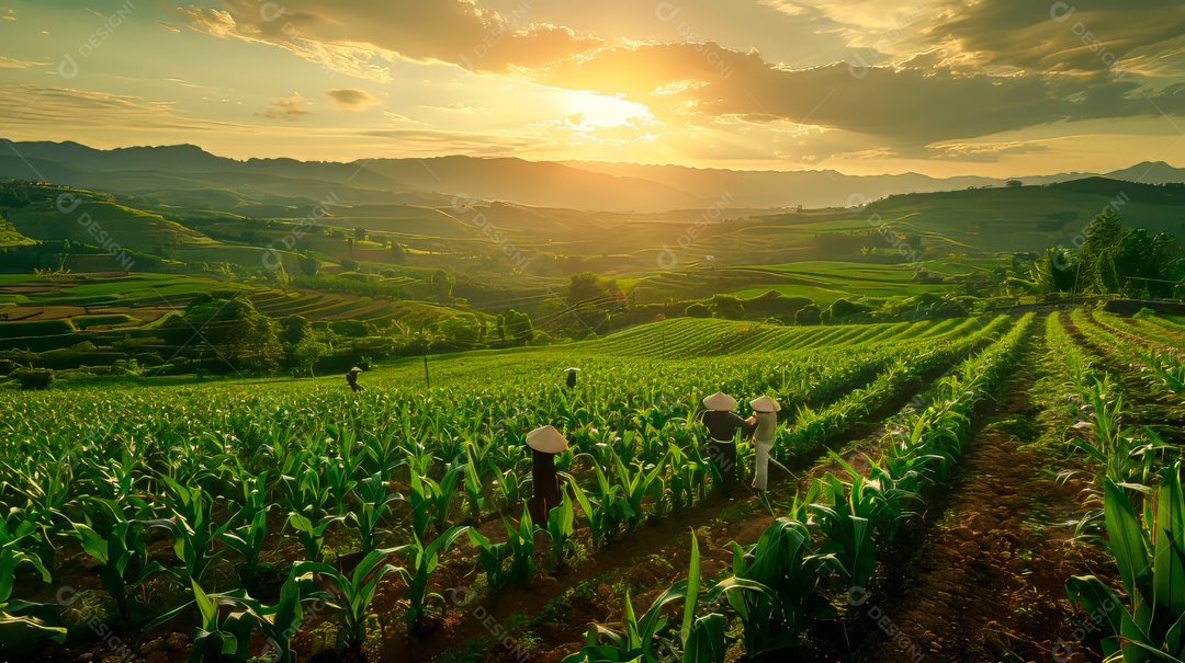 Plantação sobre céu azul e dia ensolarado..