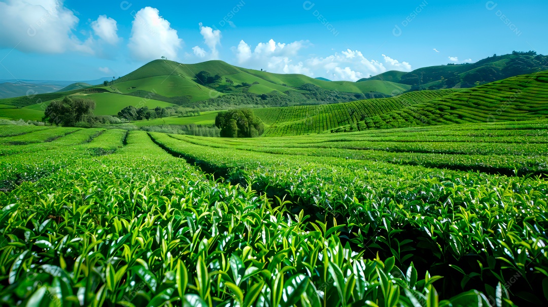 Plantação sobre céu azul e dia ensolarado..