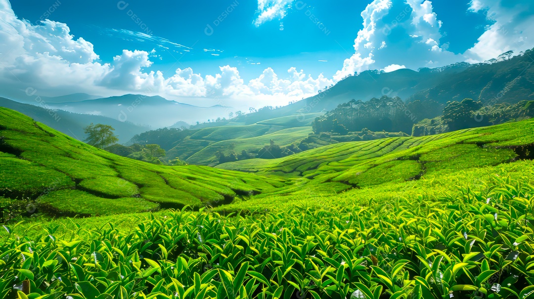 Plantação sobre céu azul e dia ensolarado..