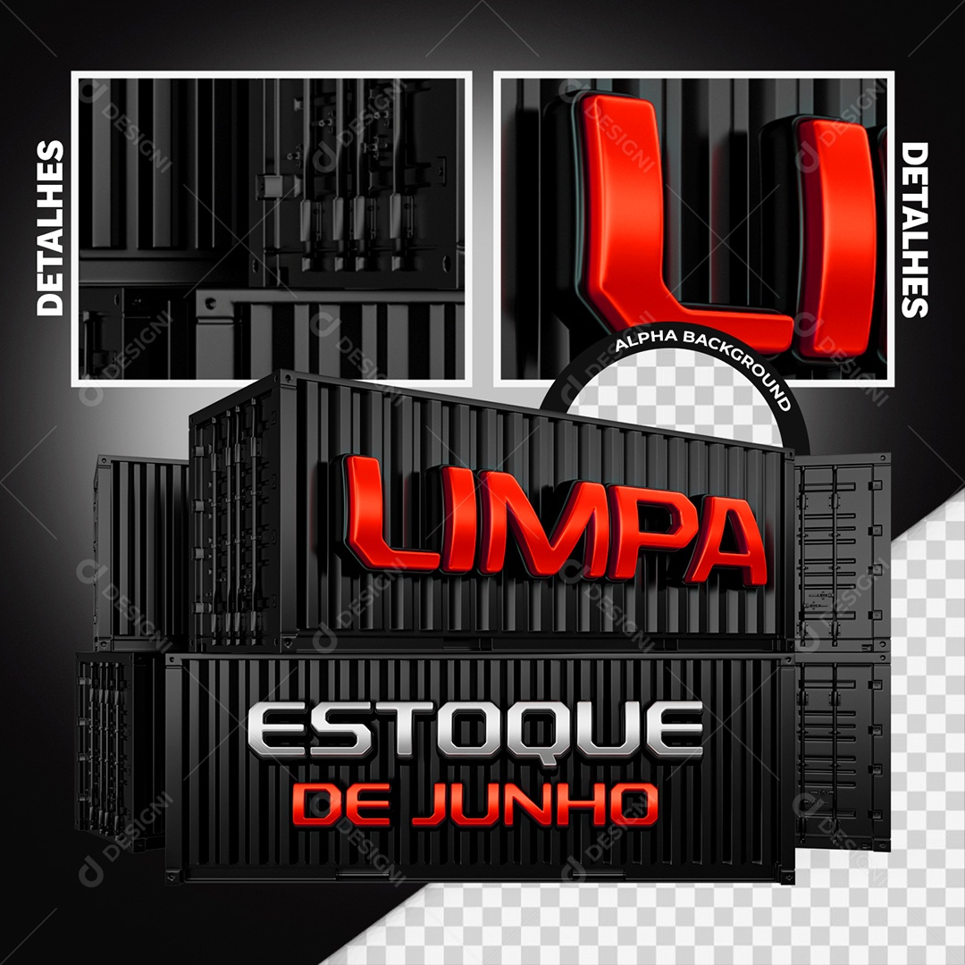 Limpa Estoque de Junho Selo 3D Vermelho e Preto para Composição PSD