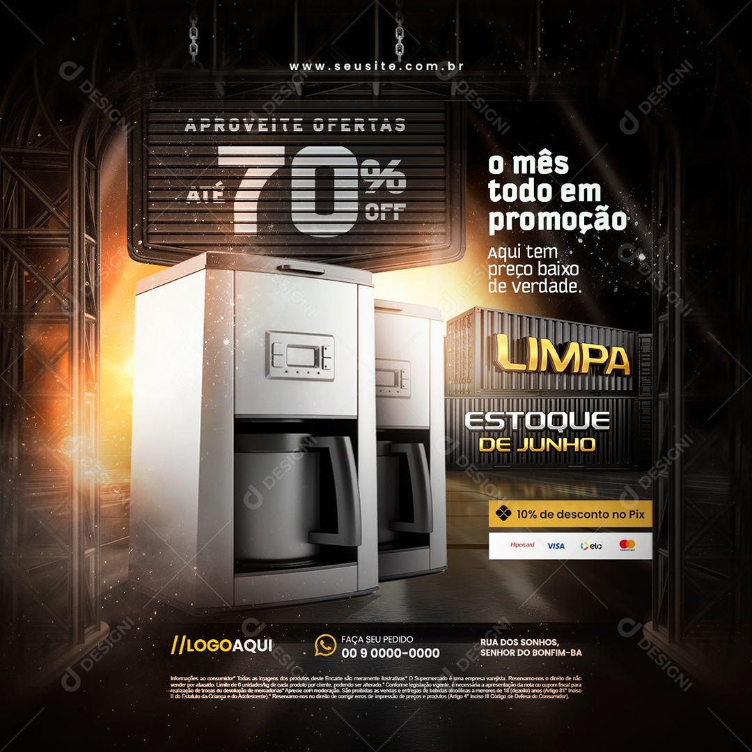 Loja de Eletrodomésticos Limpa Estoque de Junho Aproveite Ofertas 70% Off Social Media PSD Editável
