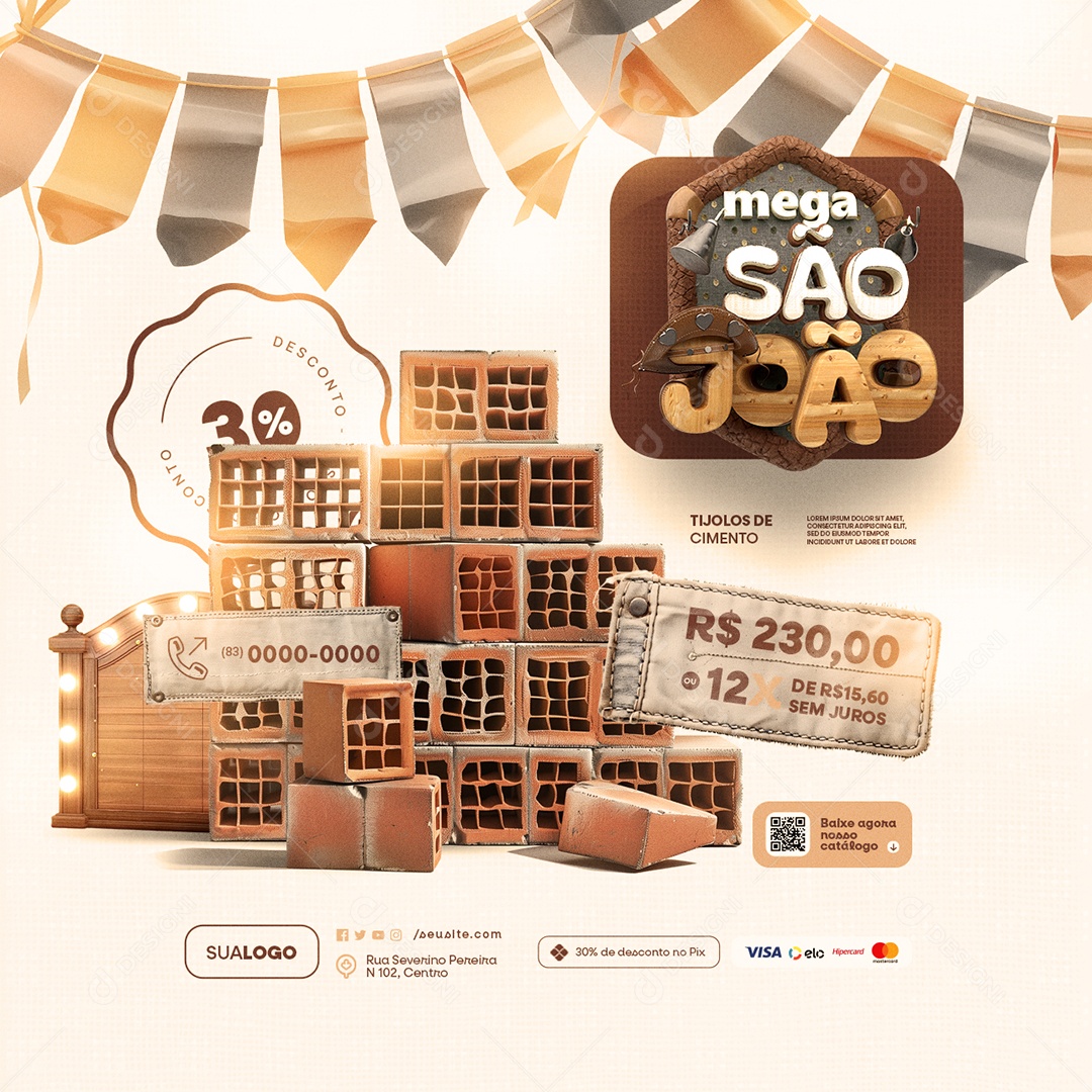 Material de Construção Mega São João Tijolos de Cimento Social Media PSD Editável