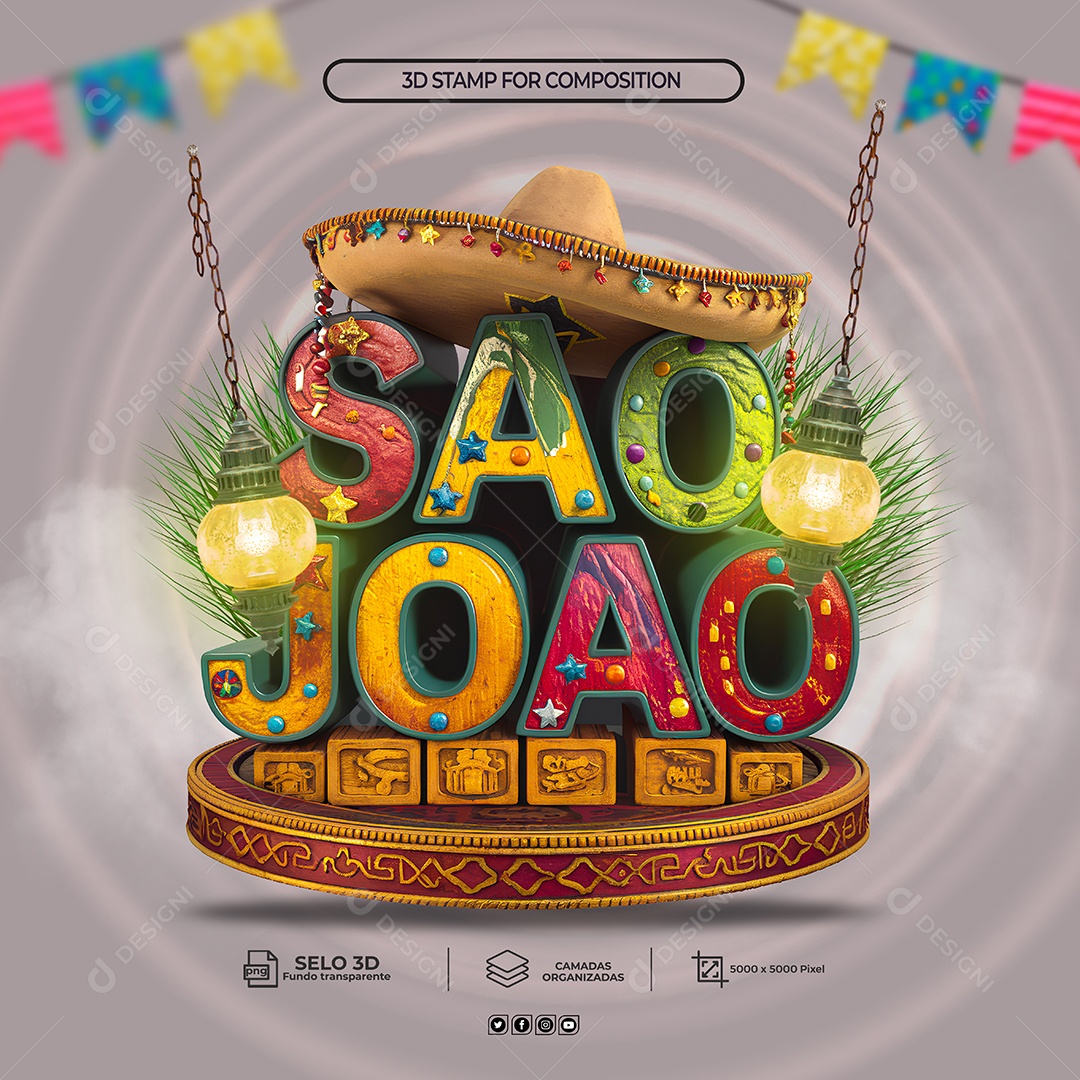 São João Selo 3D Colorido para Composição PSD