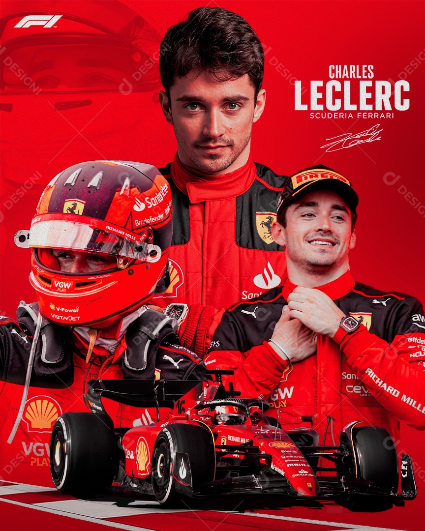 Charles Leclerc F1 in Ferrari Social Media PSD Editável