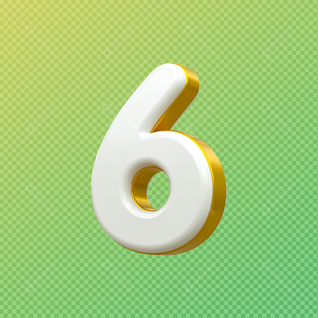 Número 3D 6 Branco e Dourado para Composição PSD