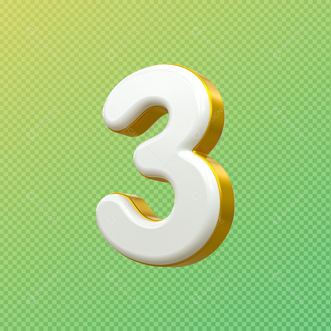 Número 3D 3 Branco e Dourado para Composição PSD