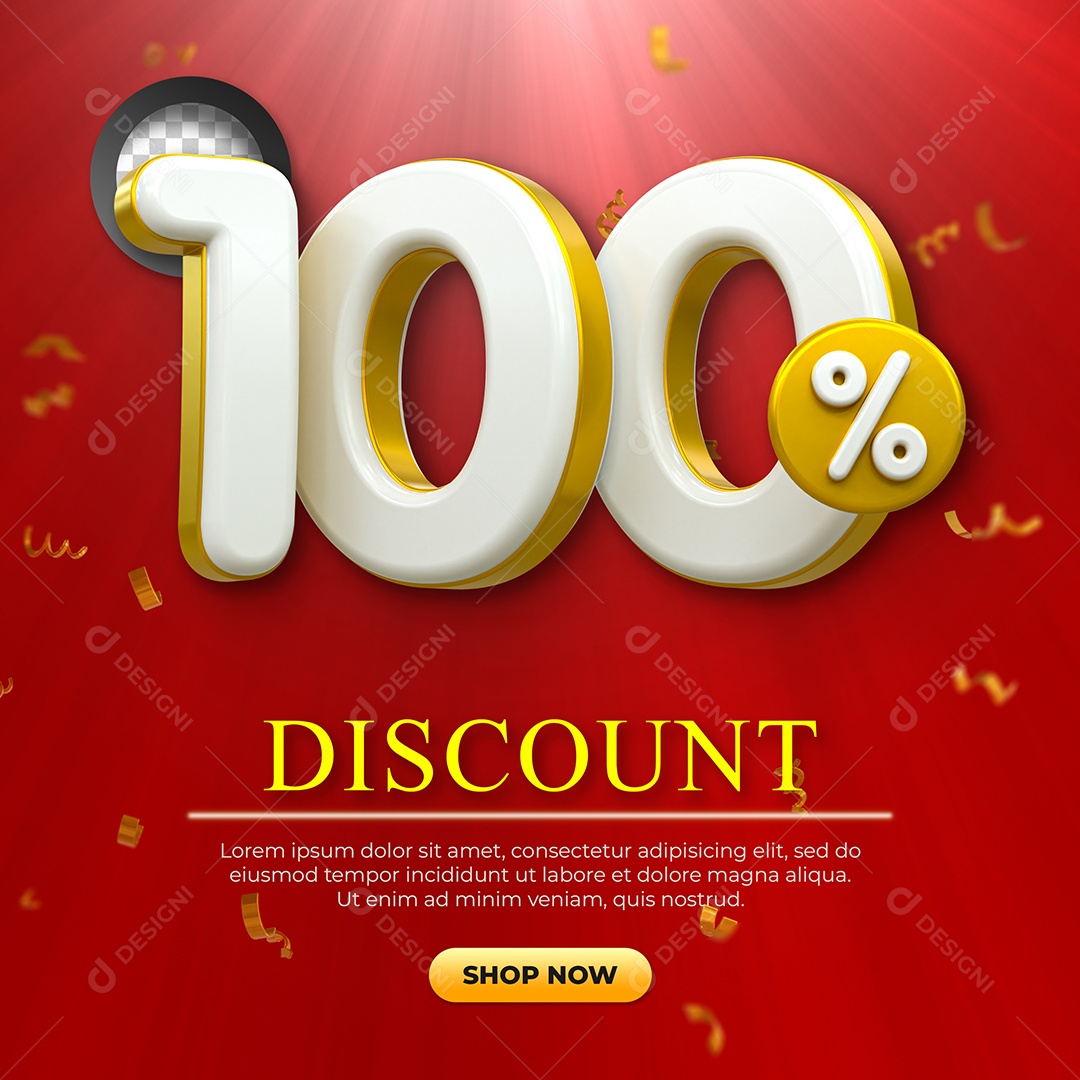 Número 100% Desconto Elemento 3D Dourado e Branco para Coposição PSD