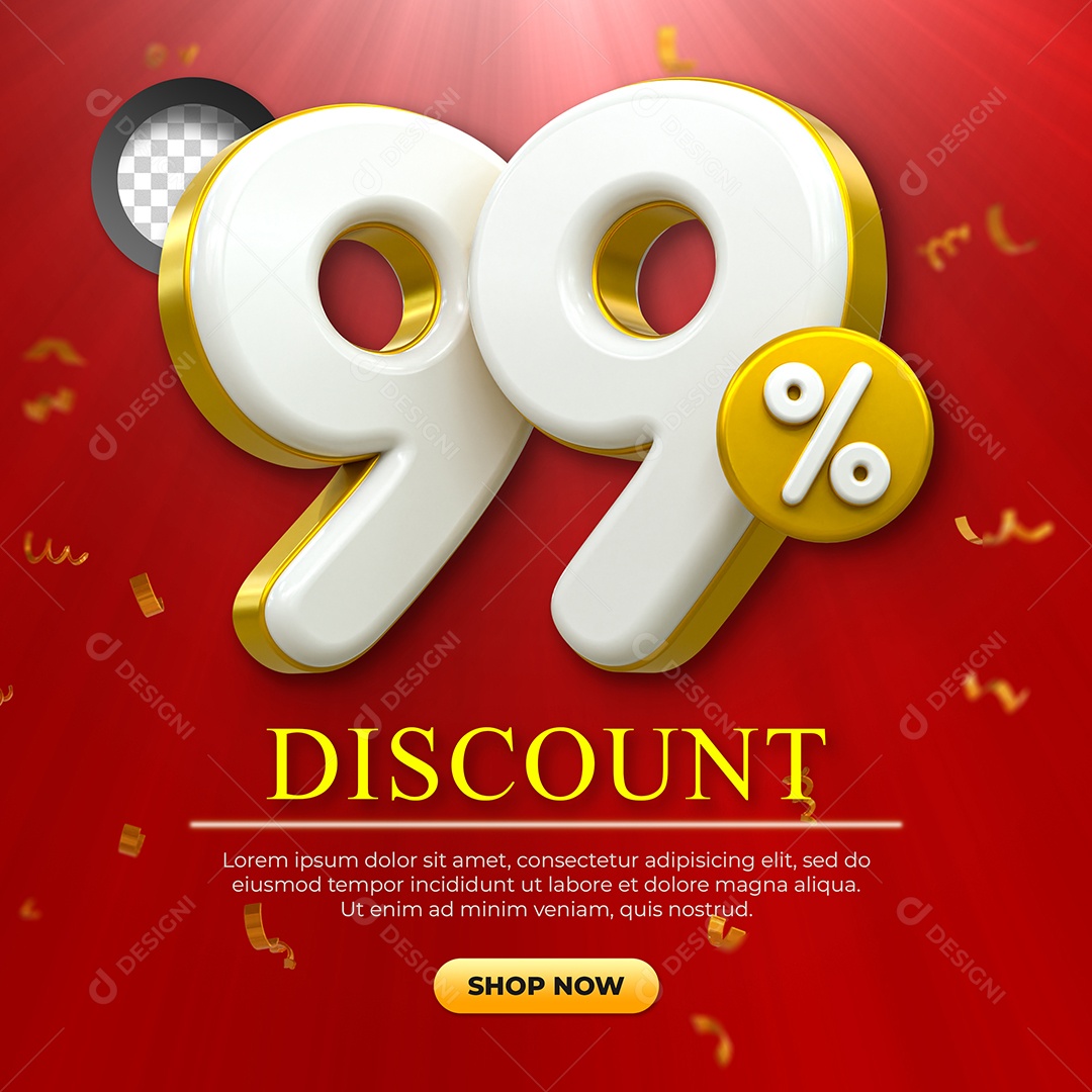 Número 99% Desconto Elemento 3D Dourado e Branco para Coposição PSD
