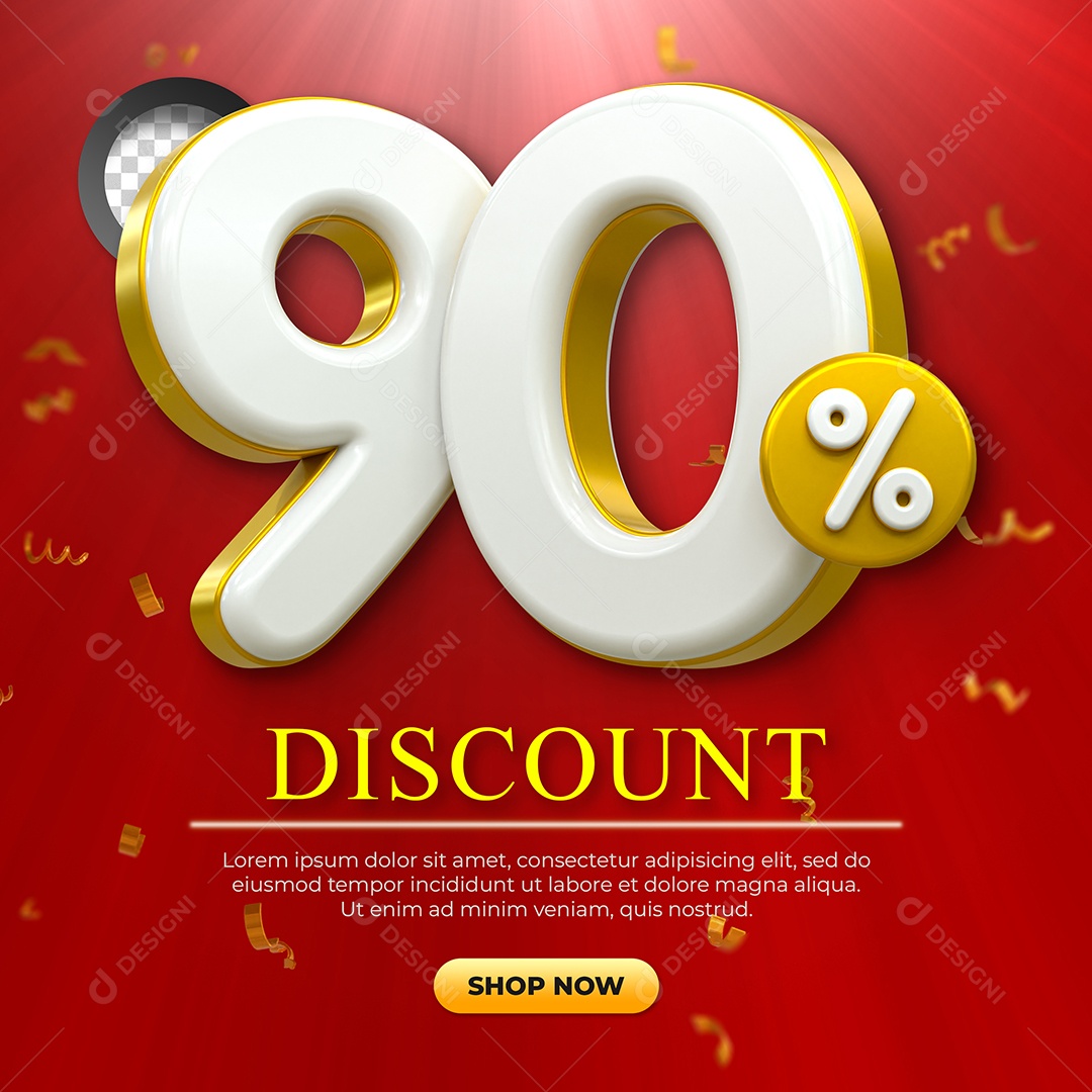 Número 90% Desconto Elemento 3D Dourado e Branco para Coposição PSD