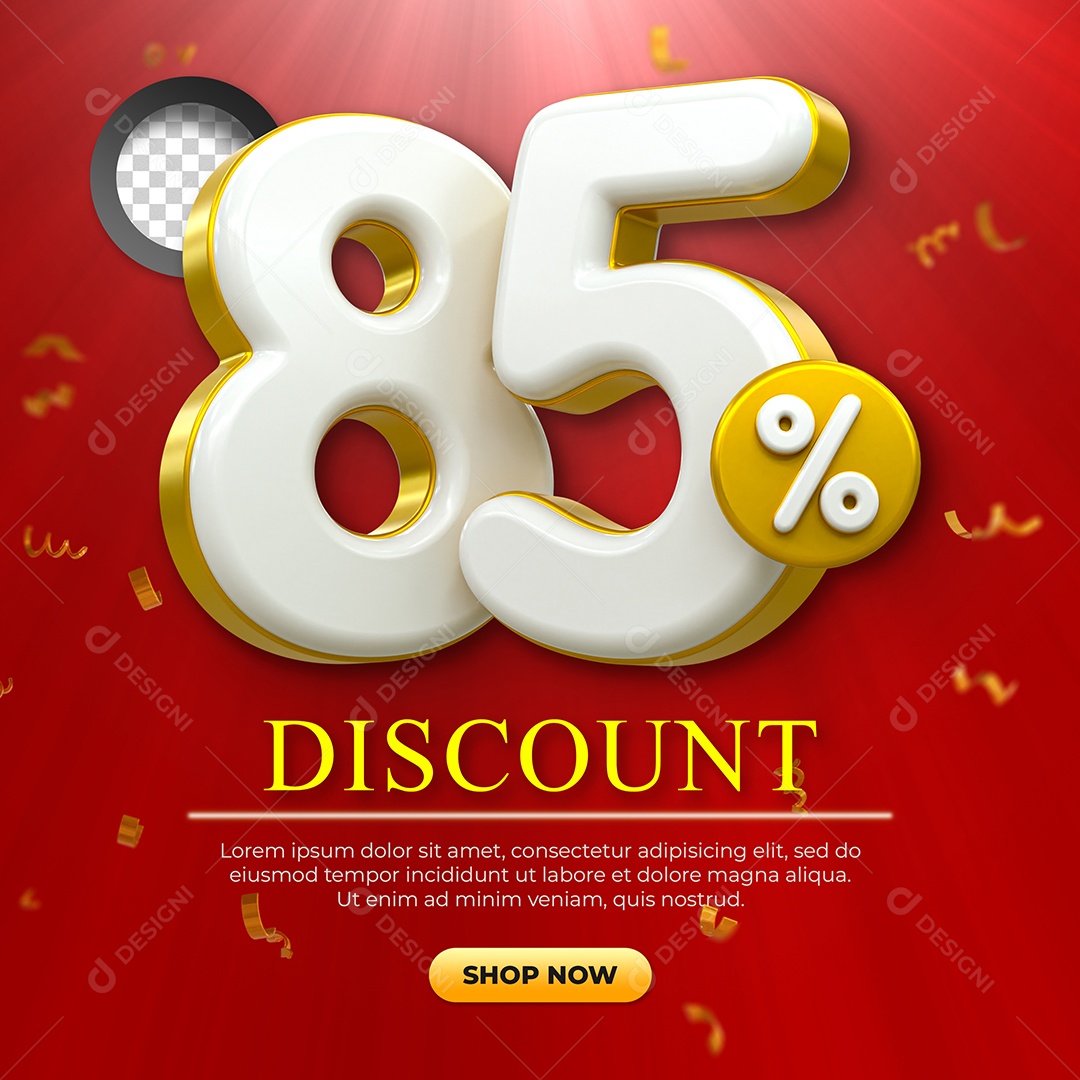 Número 85% Desconto Elemento 3D Dourado e Branco para Coposição PSD