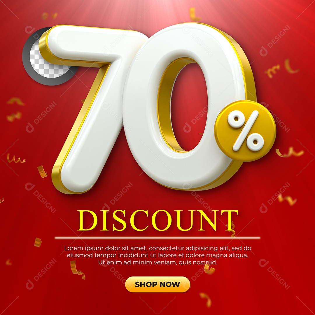 Número 70% Desconto Elemento 3D Dourado e Branco para Coposição PSD