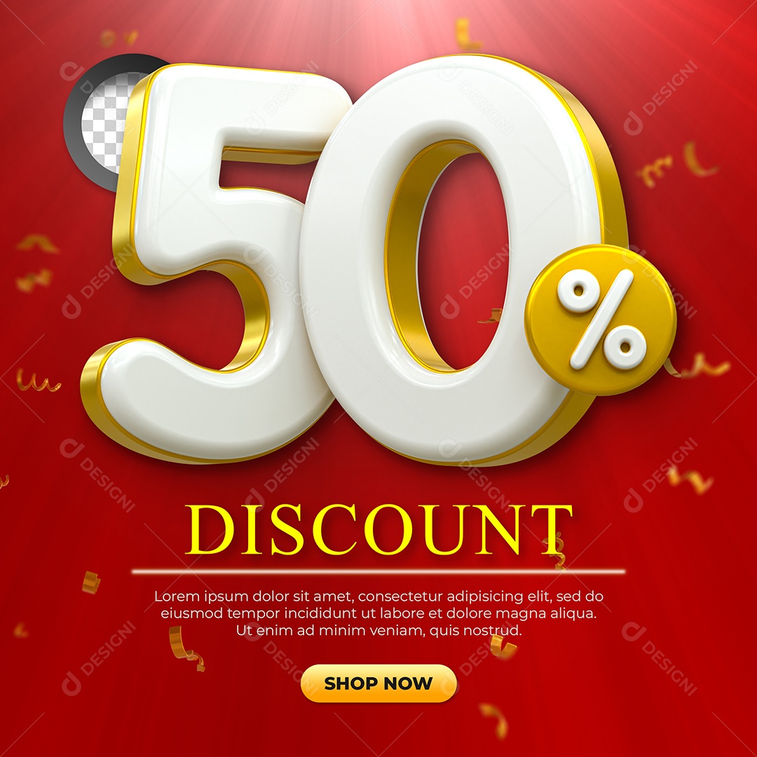 Número 50% Desconto Elemento 3D Dourado e Branco para Coposição PSD