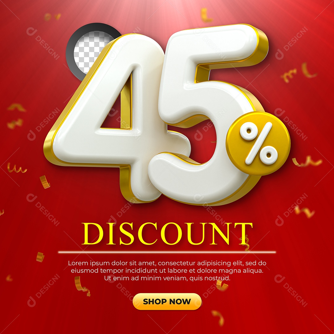 Número 45% Desconto Elemento 3D Dourado e Branco para Coposição PSD