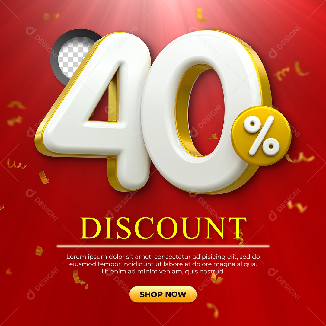Número 40% Desconto Elemento 3D Dourado e Branco para Coposição PSD