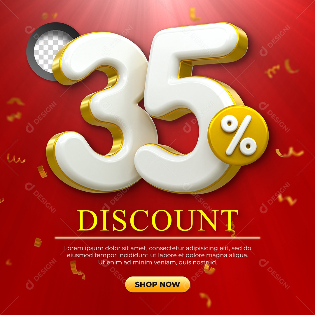 Número 35% Desconto Elemento 3D Dourado e Branco para Coposição PSD