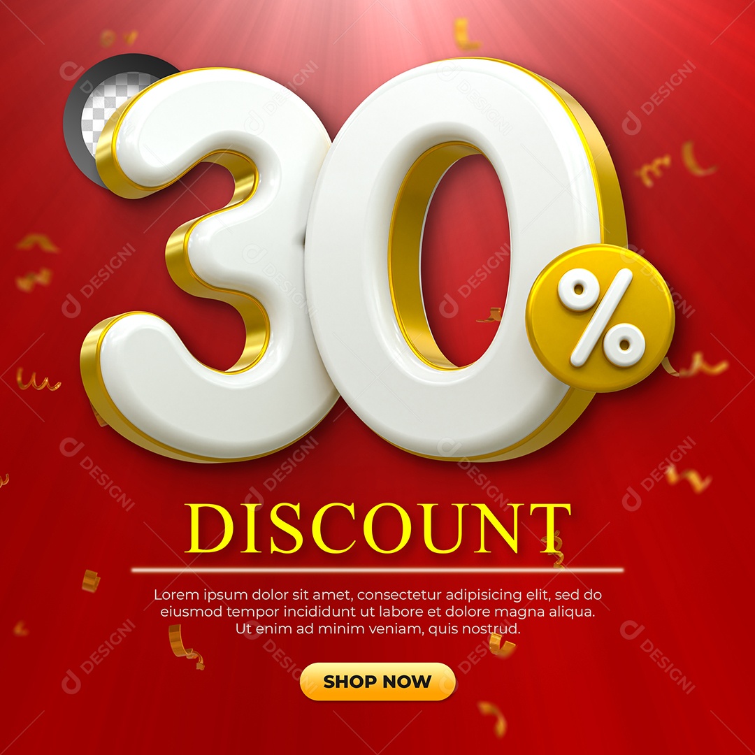 Número 30% Desconto Elemento 3D Dourado e Branco para Coposição PSD