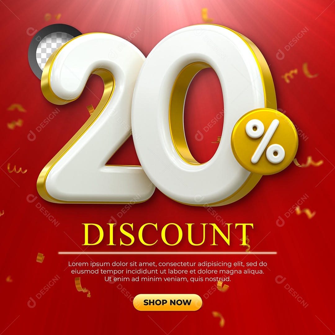 Número 20% Desconto Elemento 3D Dourado e Branco para Coposição PSD