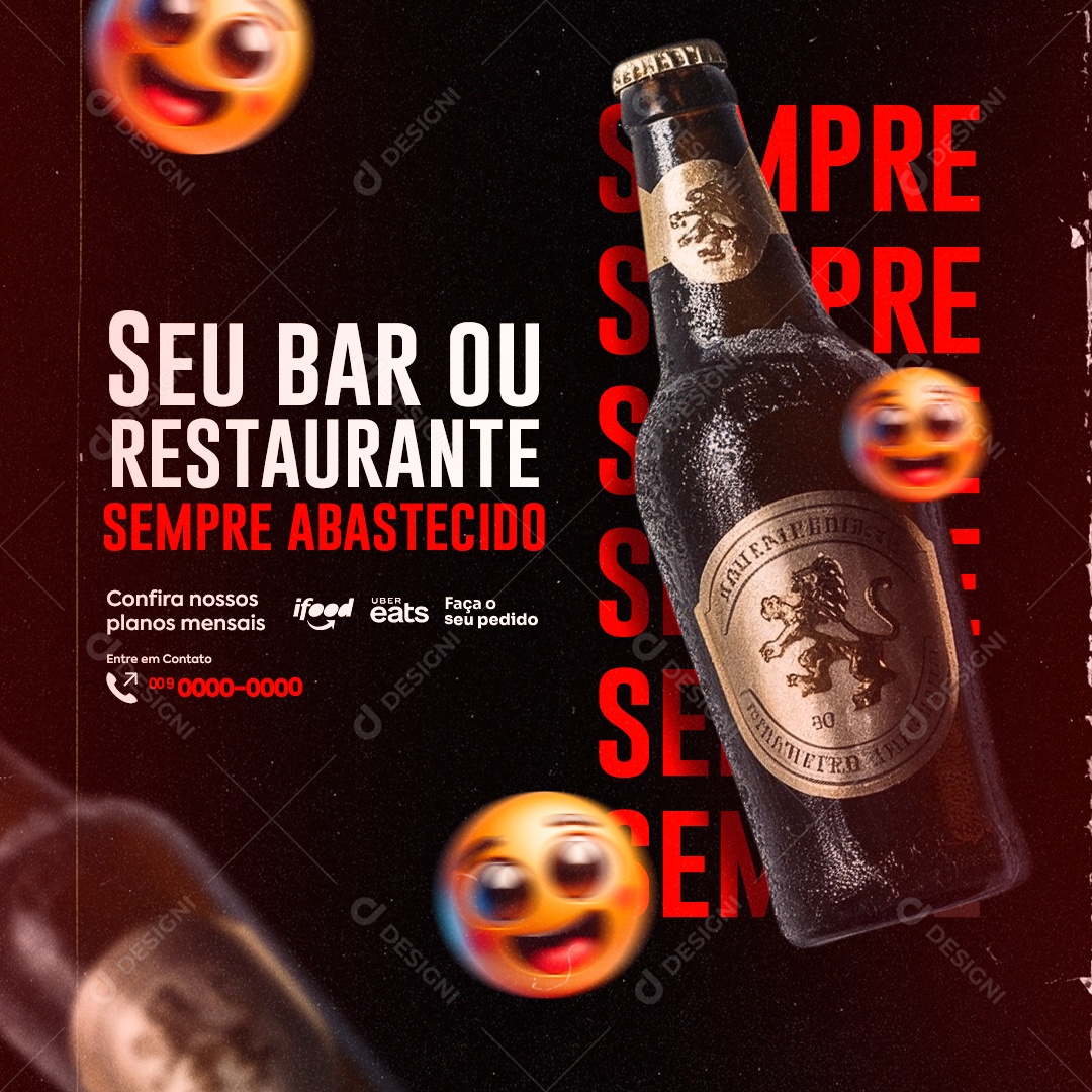 Distribuidora de Bebidas Seu Bar ou Restaurante Sempre Abastecido Social Media PSD Editável