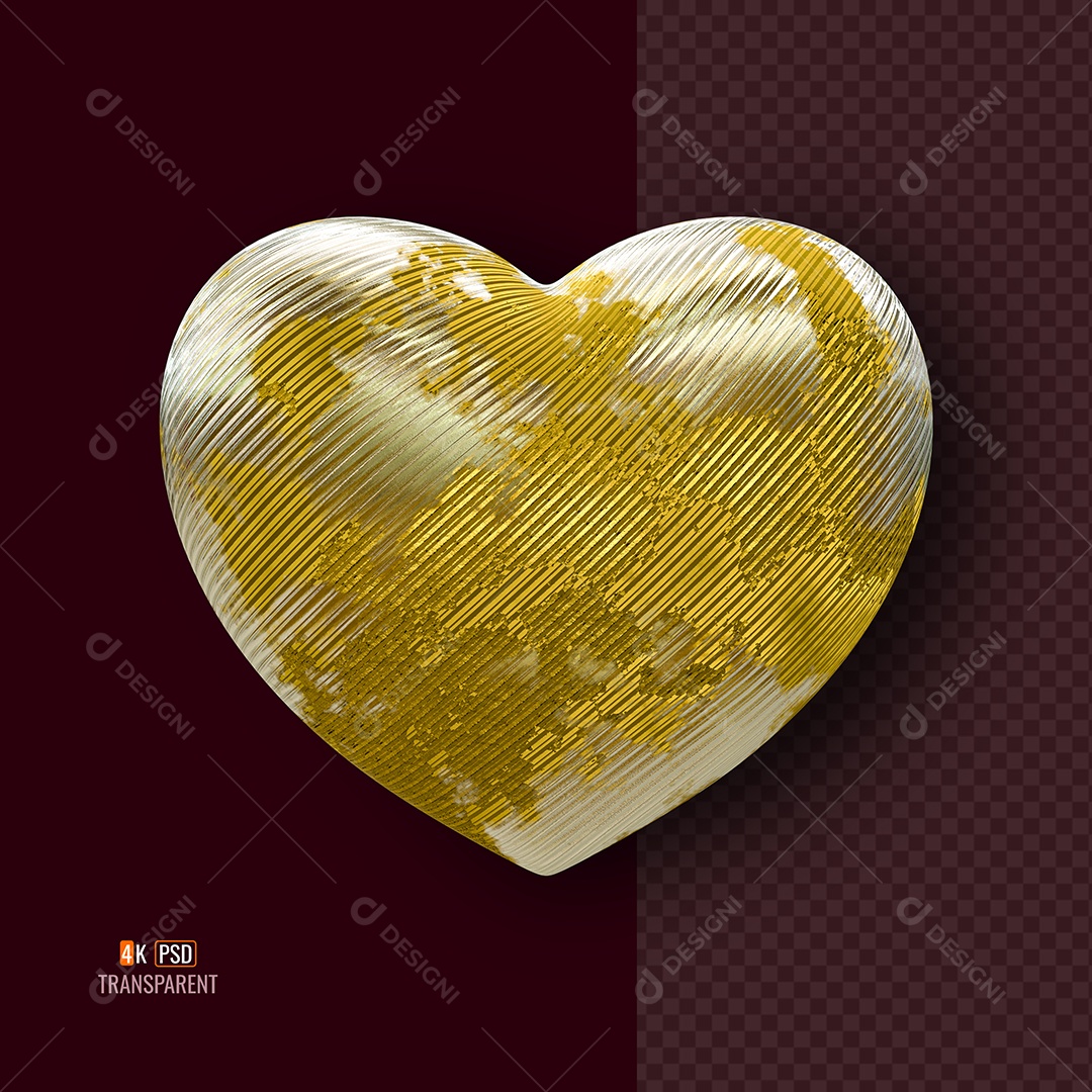 Coração Branco e Dourado Elemento 3D para Composição PSD