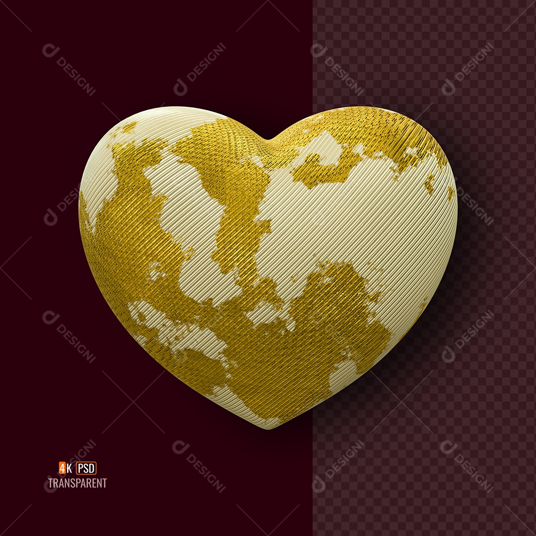 Coração Elemento 3D Branco e Dourado para Composição PSD