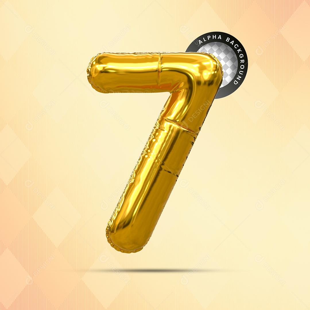 Balão Número 7 Elemento 3D Dourado para Composição PSD