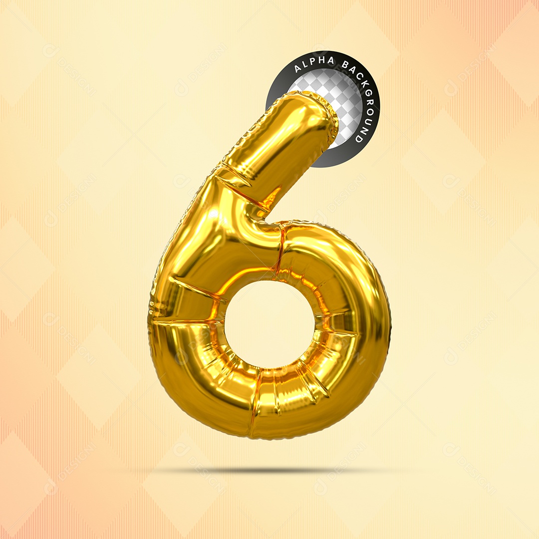 Balão Número 6 Elemento 3D Dourado para Composição PSD