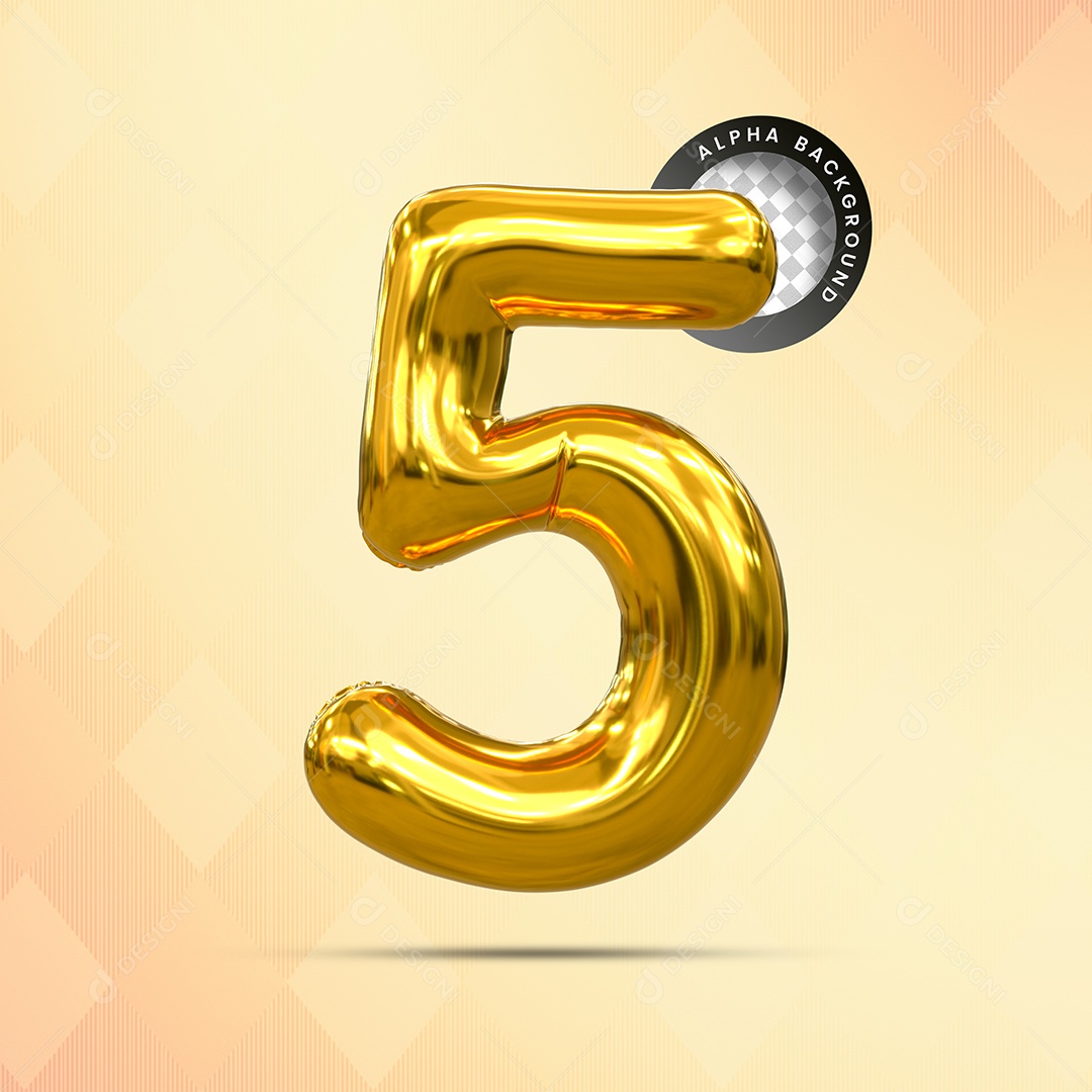 Balão Número 5 Elemento 3D Dourado para Composição PSD