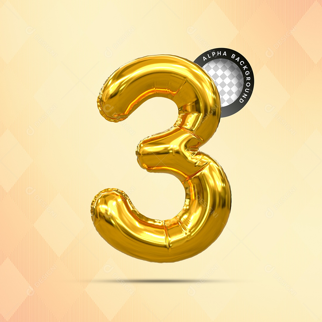Balão Número 3 Elemento 3D Dourado para Composição PSD