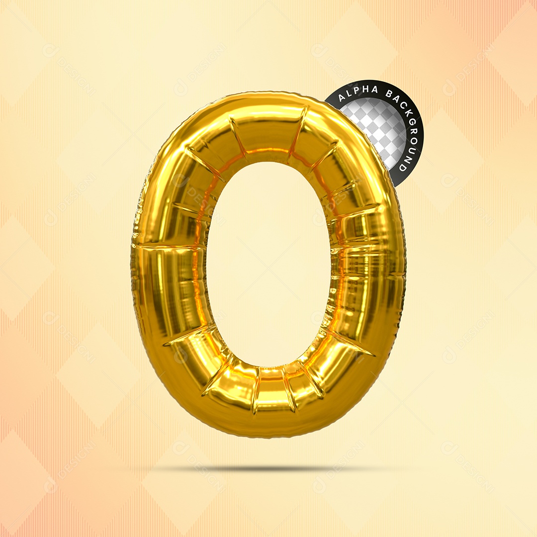 Balão Número 0 Elemento 3D Dourado para Composição PSD