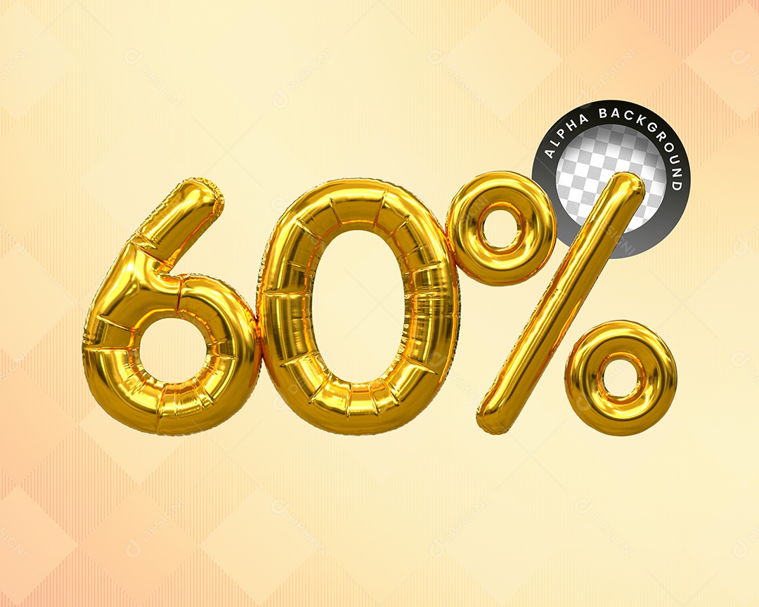 Balão 60% Desconto Elemento 3D Dourado para Composição PSD