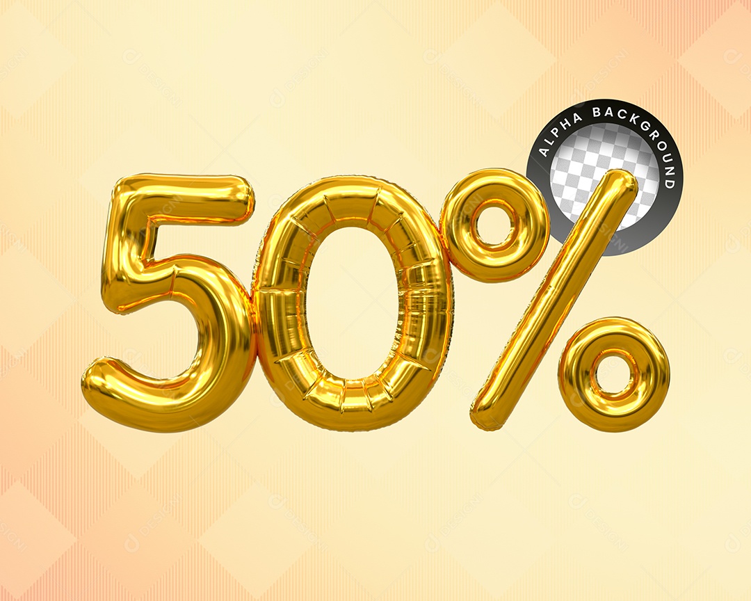 Balão 50% Desconto Elemento 3D Dourado para Composição PSD