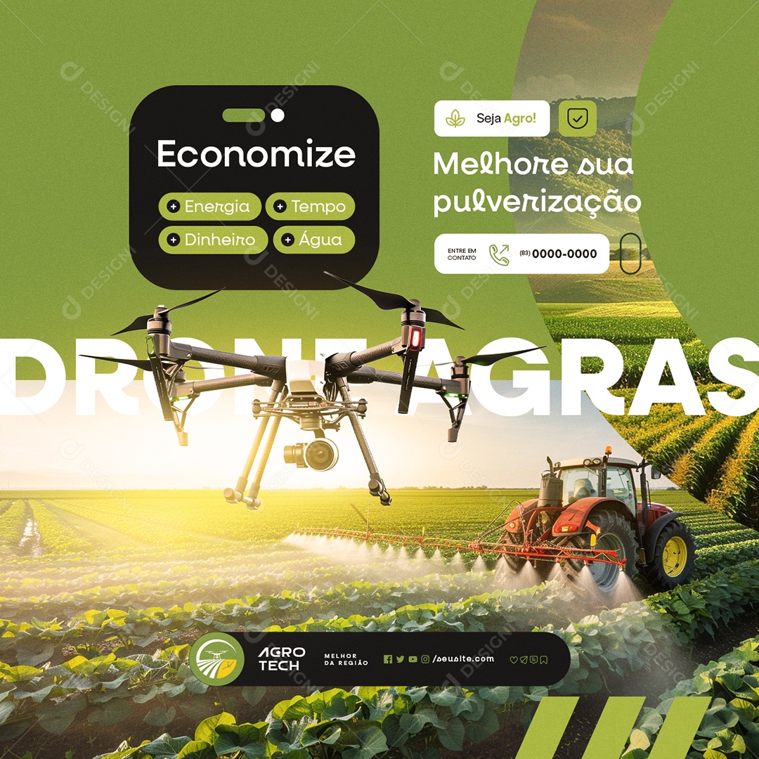 Agro Tech Drones Economize Energia Tempo Dinheiro Água Social Media PSD Editável
