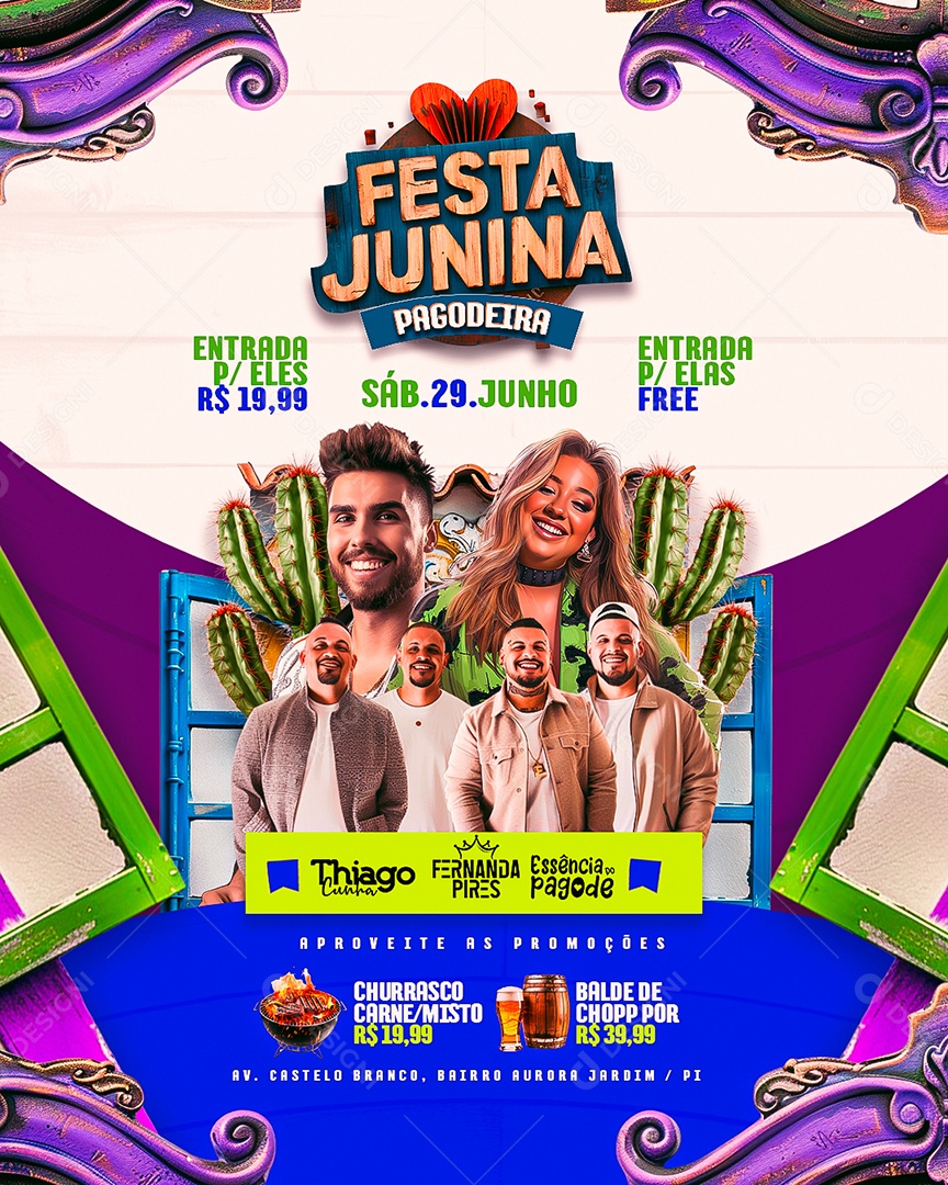 Flyer Festa Junina Pagodeira Thiago Cunha Fernanda Pires Essência do Pagode Social Media PSD Editável