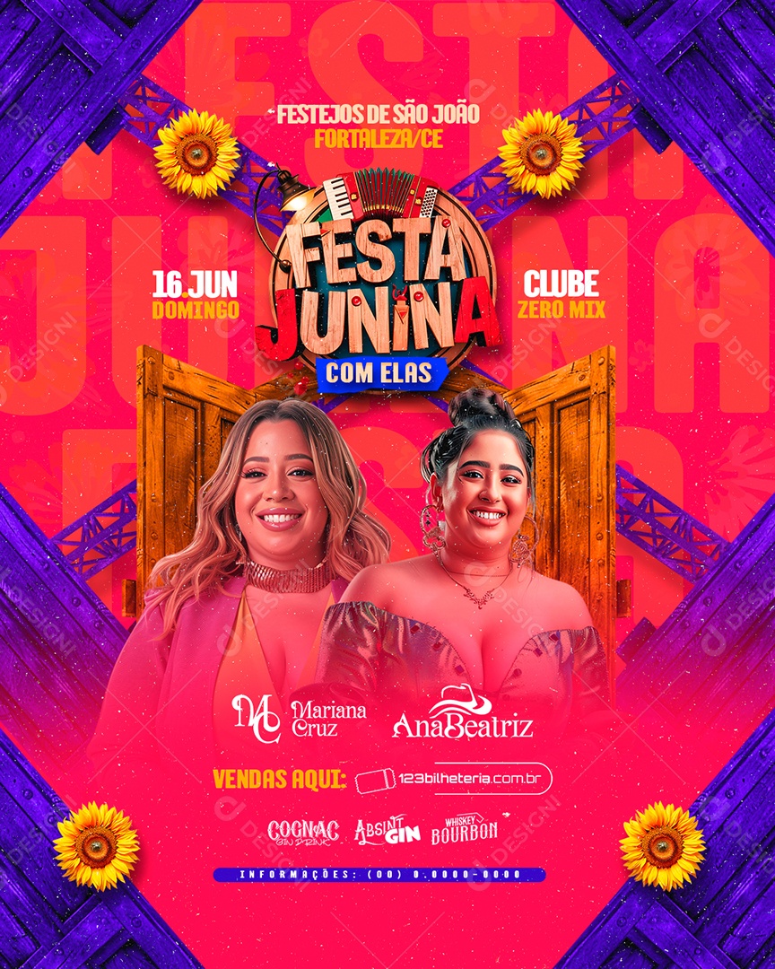 Flyer Festa Junina com Elas Mariana Cruz Ana Beatriz Social Media PSD Editável