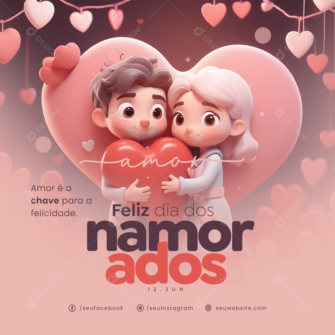 Dia dos Namorados 12 de Junho Amor é a Chave para a Felicidade Social Media PSD Editável