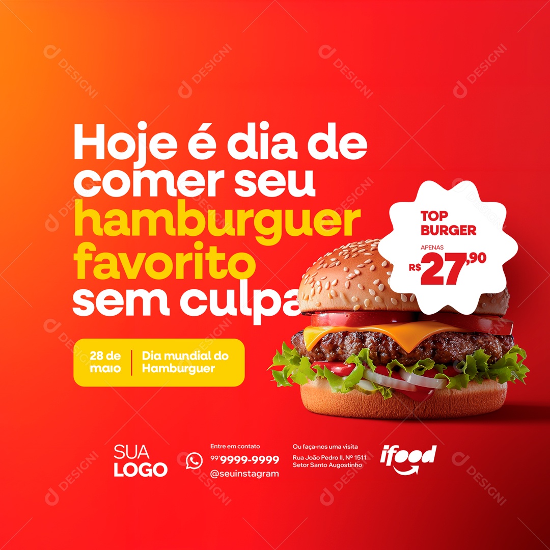 Dia Mundial do Hambúrguer 28 de Maio Top Burguer Apenas 27,90 Social Media PSD Editável