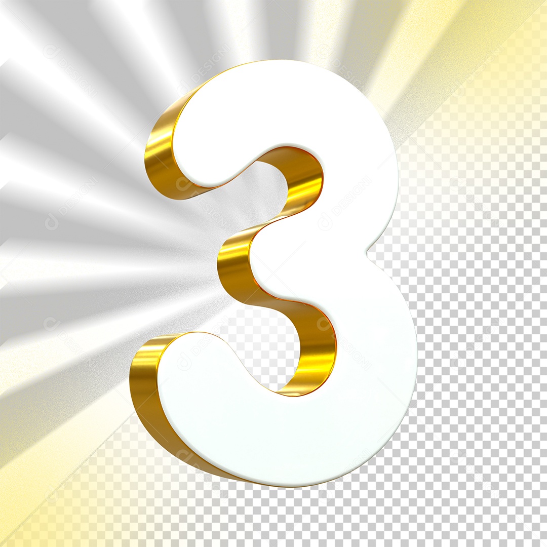 Número 3D 3 Branco e Dourado para Composição PSD