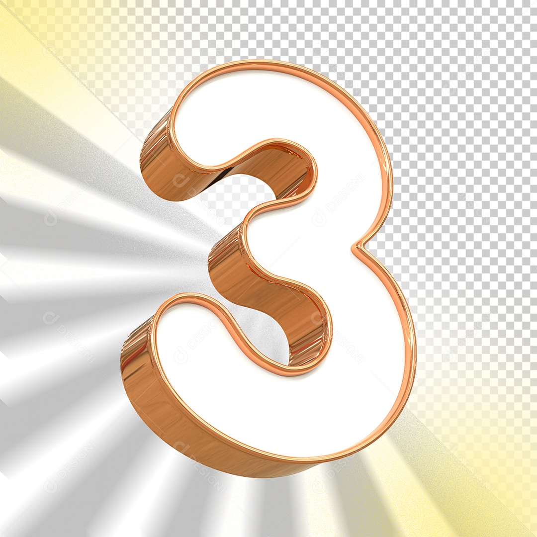 Número 3D 3 Branco e Gold para Composição PSD