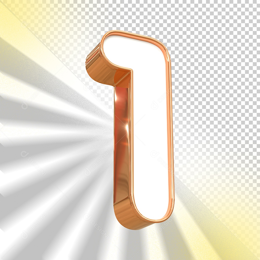 Número 3D 1 Branco e Gold para Composição PSD