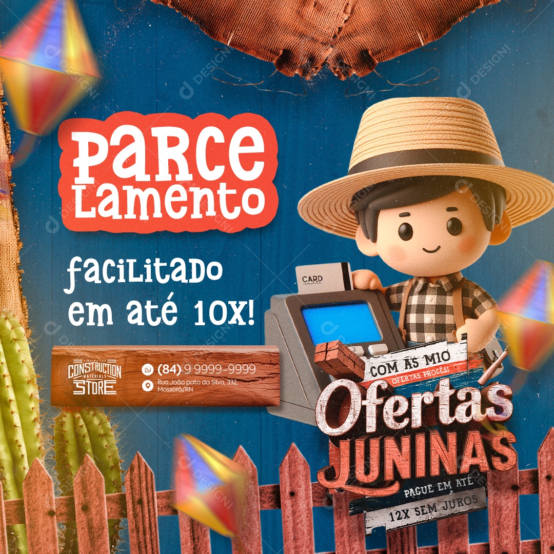 Loja de Materiais de Construção Ofertas Juninas Parcelamento Social Media PSD Editável