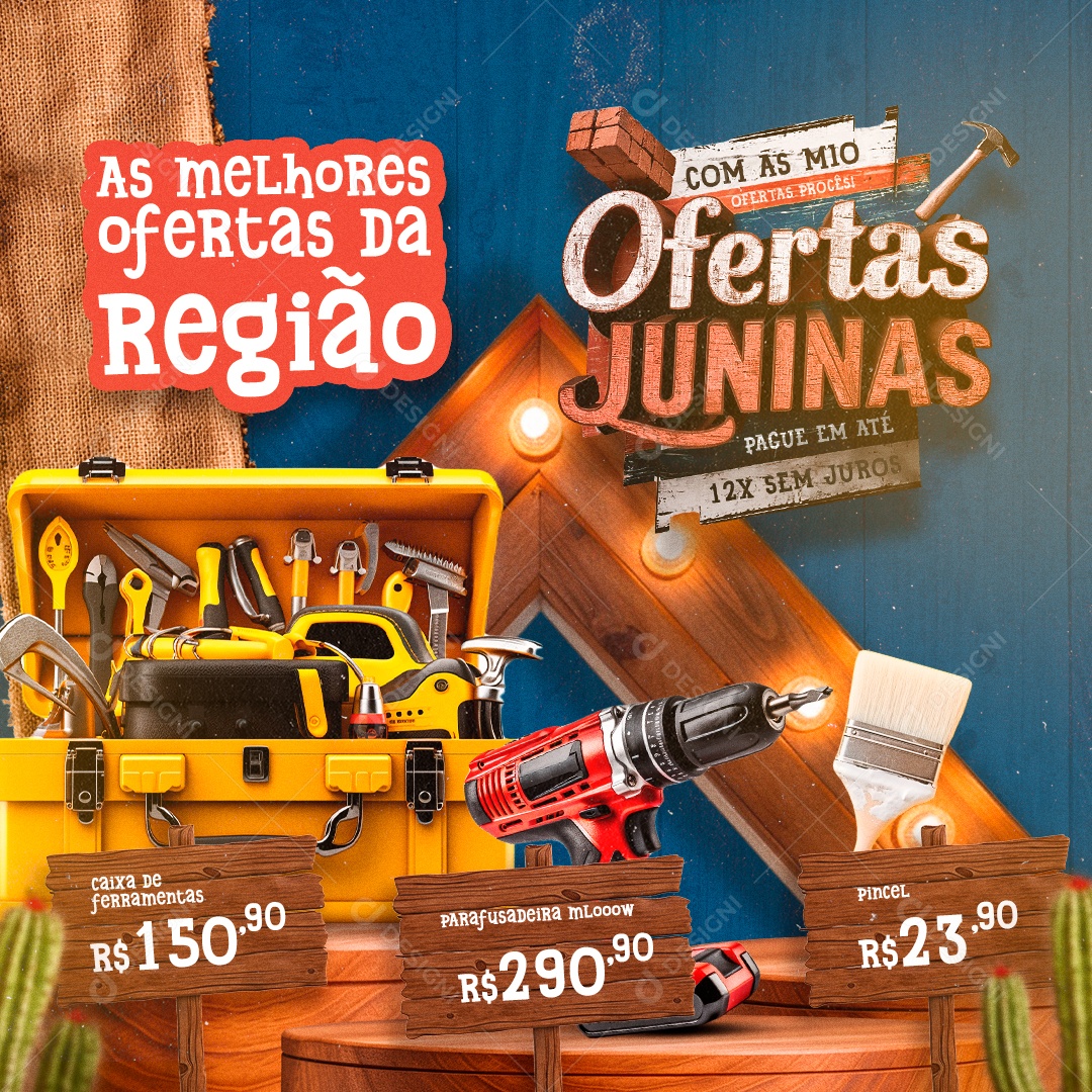Loja de Materiais de Construção Ofertas Juninas Caixa de Ferramentas Social Media PSD Editável